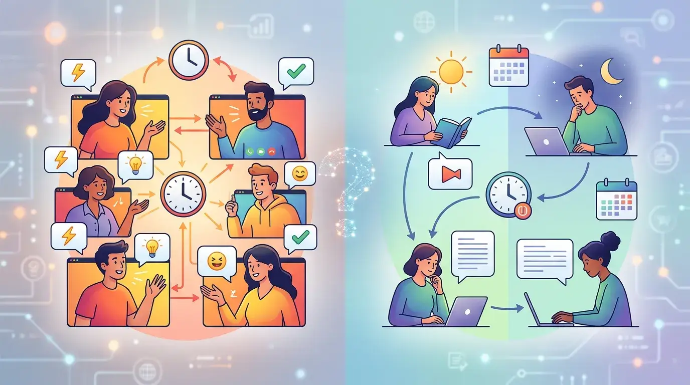 Asynchronous vs synchronous communication comparison for enterprise teams using messaging, video meetings, and collaboration tools